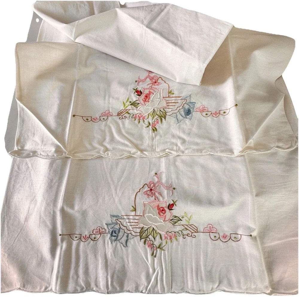 Vintage Hand Embroidered Pillowcases Set Katen & Sayers‎ Hong Kong Floral NWT